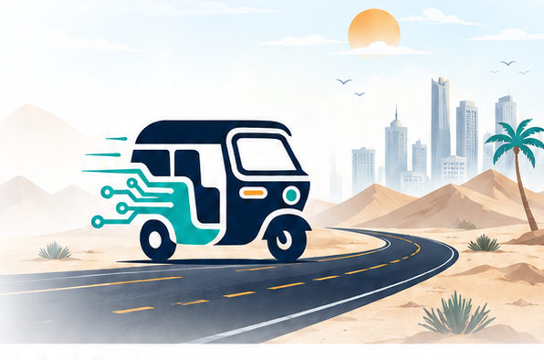 A Tuk Tuk Labs tuk-tuk rolling down a desert road toward a city skyline